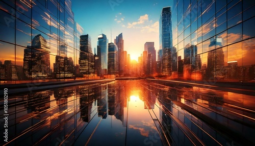 City Skyline at Twilight with Skyscrapers Reflecting Sunset Colors