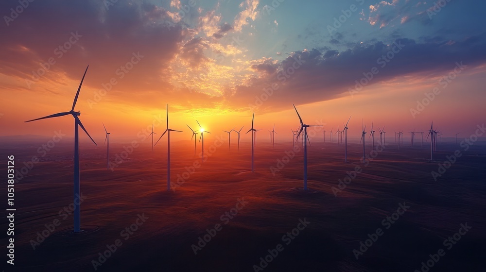 Obraz premium A modern landscape of windmills against a beautiful sunset, combining technology with nature.