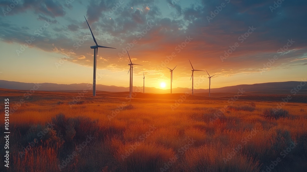 Obraz premium A modern landscape of windmills against a beautiful sunset, combining technology with nature.