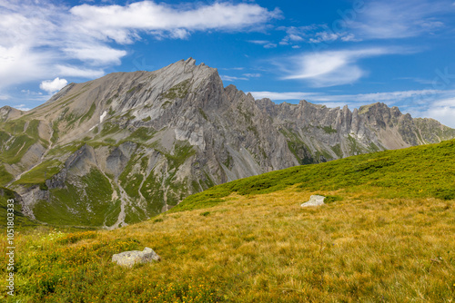 Chamonix rocky granite mountain peaks in french Alps around Mont Blanc summit in Chamonix valley. Scenic landscape of iconic alpine summits the legends of mountaineering and alpinism