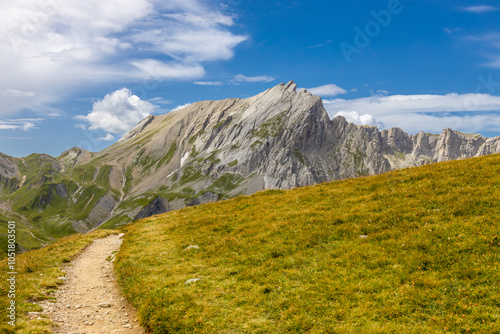 Chamonix rocky granite mountain peaks in french Alps around Mont Blanc summit in Chamonix valley. Scenic landscape of iconic alpine summits the legends of mountaineering and alpinism
