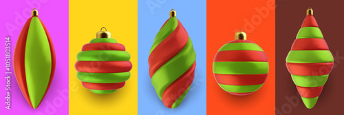 Realistic 3d vector Christmas toy isolated on colorful background. Set bright festive decoration new year elements from different materials.