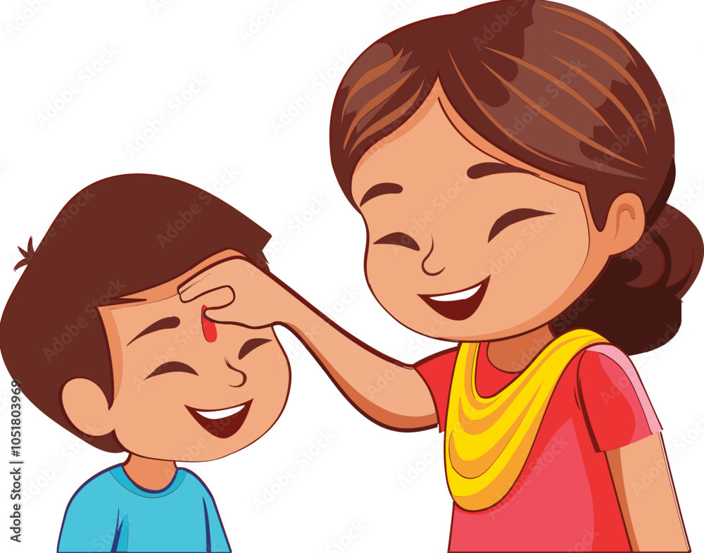 Cartoon Indian sister applying tilak on forehead to brother on occasion of Bhai Dooj or Raksha Bandhan Icon.