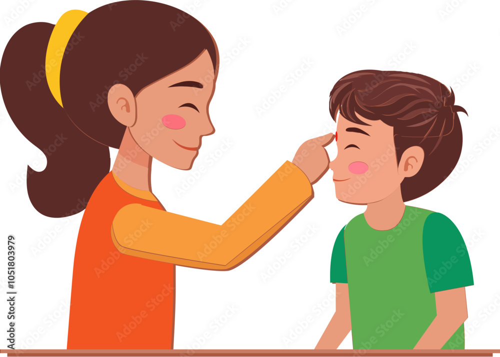 Cartoon Indian sister applying tilak on forehead to brother on occasion of Bhai Dooj or Raksha Bandhan Icon. Cartoon Indian sister applying tilak on forehead to brother on occasion of Bhai Dooj or Raksha Bandhan Icon.