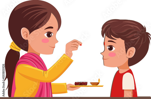 Cartoon Indian sister applying tilak on forehead to brother on occasion of Bhai Dooj or Raksha Bandhan Icon.