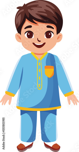 Cute Little Indian Boy Wearing Blue Traditional Clothes as Kurta Vector Illustration.