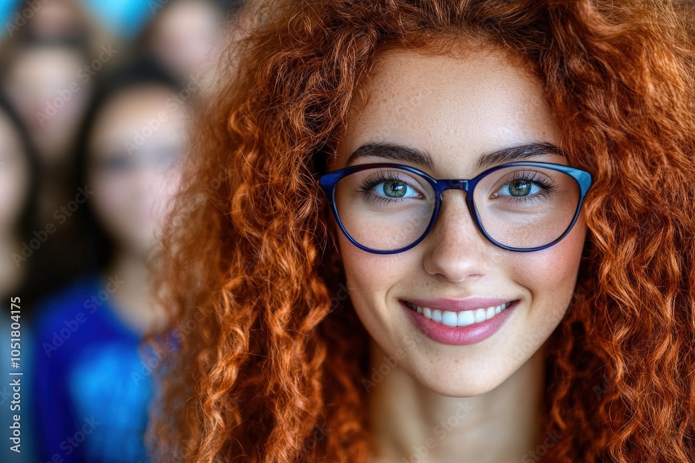 A cheerful young woman with vibrant curly red hair and blue glasses smiles brightly, conveying positivity and charm, set against a blurred group background. A cheerful young woman with vibrant curly red hair and blue glasses smiles brightly, conveying positivity and charm, set against a blurred group background.