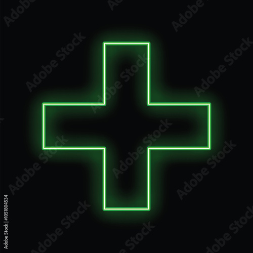 Green neon cross glowing brightly on a black background