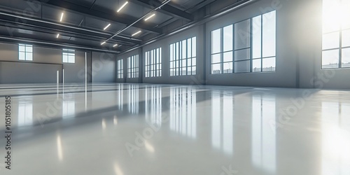 Spacious industrial interior with large windows and polished floor
