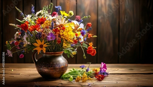 Bouquet of Wildflowers in Vibrant Colors in a Rustic Vas