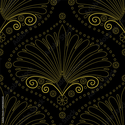 Seamless pattern with golden anthemion floral motifs on a black background. Classic abstract ogee repeat wallpaper.