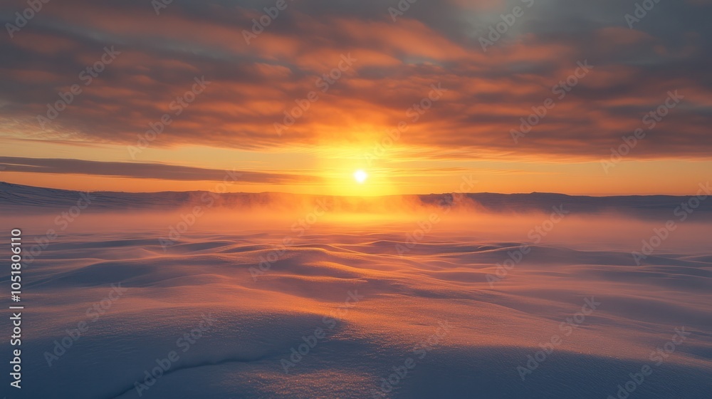 Fototapeta premium A cool and peaceful sunset over the Arctic tundra, with the sun casting a soft golden glow over the snow-covered landscape.