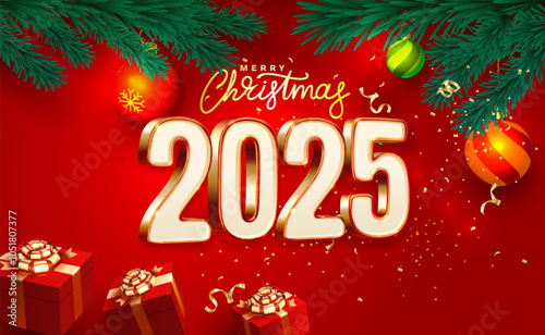 Marry Christmas 2025, happy new year, golden numbers 3d, gifts and toys near the tree. Vector