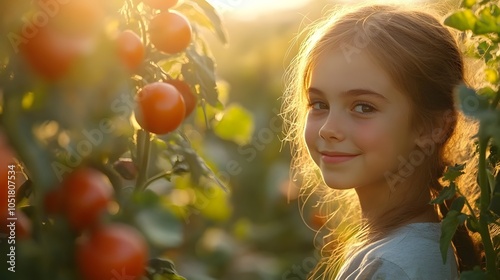 Smiling Caucasian girl in a tomato garden during sunset.