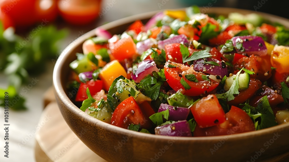 Vibrant mixed salad in a wooden bowl, bursting with color and freshness. Vibrant mixed salad in a wooden bowl, bursting with color and freshness.