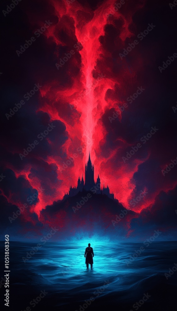 A solitary figure stands before a dark castle, illuminated by a fiery sky. A solitary figure stands before a dark castle, illuminated by a fiery sky.