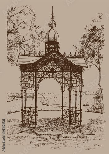 Gazebo on Volodymyr Hill in the city of Kyiv. The illustration is hand painted with pen and ink. Line sketch converted to vector drawing.