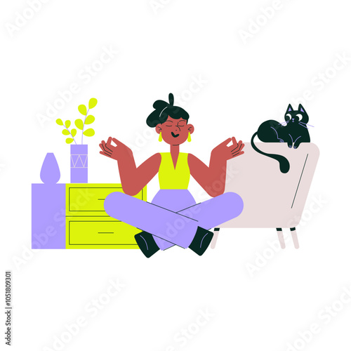 Meditating woman at home with her cat, flat vector illustration symbolizing relaxation, mindfulness, and self-care