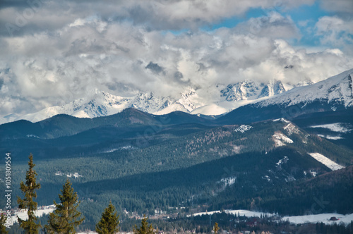 Snow-covered mountain peaks in the Tatra Mountains in Poland