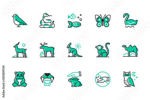 Diversity of fauna - set of line design style icons isolated on white background. High quality images of bird, snake, fish, butterfly, swan, moose, kangaroo, panda, monkey, camel, owl and rabbit