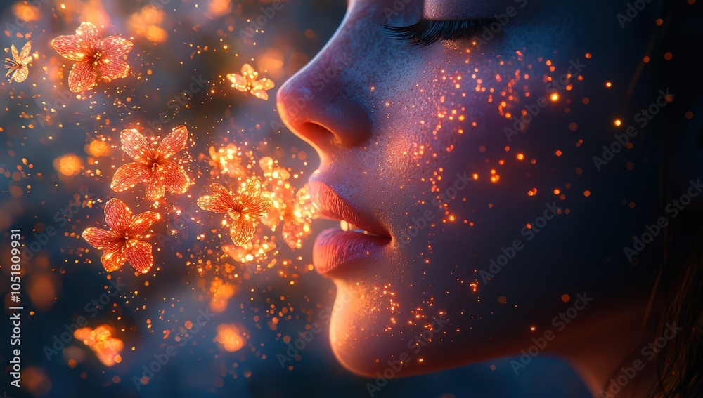 Close-up of a woman's mouth breathing out small flowers and glowing particles