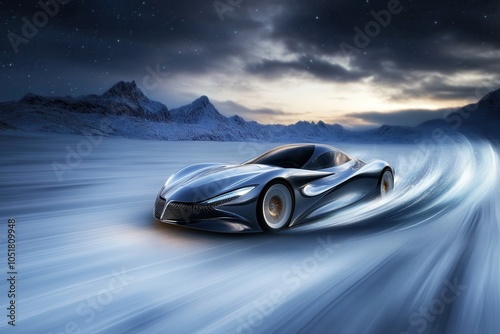 sleek futuristic car speeding across an icy landscape under a starry twilight sky, with snow-capped mountains in the background, creating a dynamic motion effect on the frozen surface