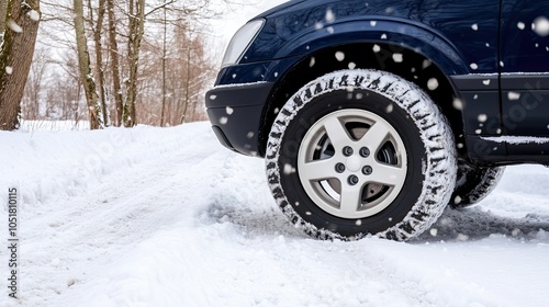 The wheels of a blue car equipped with winter tires navigate a snowy road, surrounded by an urban winter landscape