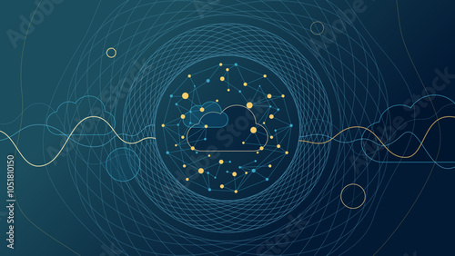 Abstract fractal circles dark background with connected network dots for cloud global data business concept, sphere lines wireframe pattern, geometric vector illustration for business, ai technology