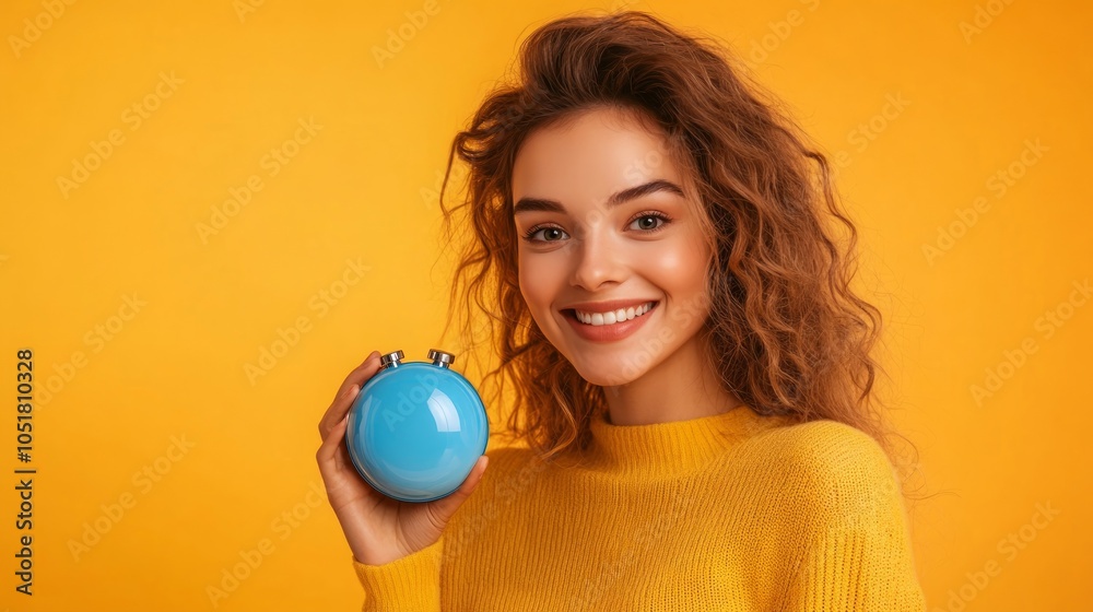 A young woman with long curly hair smiles and holds a blue sphere in her hand, standing against a bright yellow background. A young woman with long curly hair smiles and holds a blue sphere in her hand, standing against a bright yellow background.