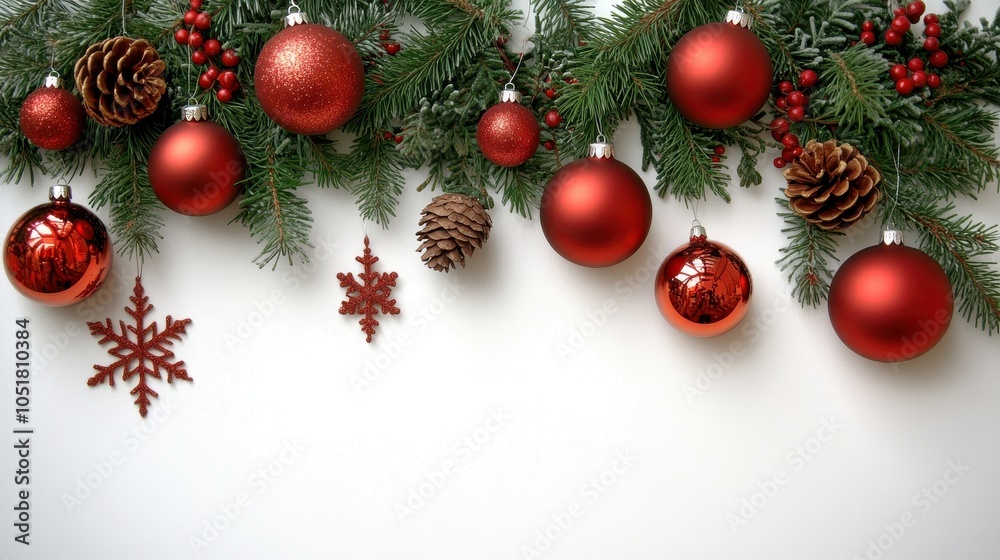 Minimalist white background with Christmas baubles, snowflakes, and pine cones decorating the upper border in a die-cut arrangement, providing space for seasonal text below. Minimalist white background with Christmas baubles, snowflakes, and pine cones decorating the upper border in a die-cut arrangement, providing space for seasonal text below.