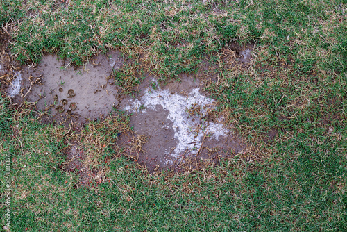 Patches of soil with a reddish hue interspersed with sparse grass, the soil appears to have a slightly damp texture and lighter patches, natural abstract background  photo