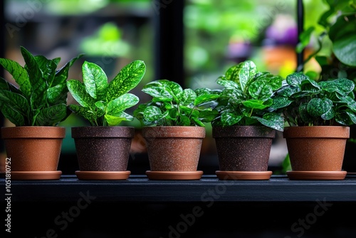 A lineup of five potted plants in rustic terracotta pots, showcasing their lush and varied foliage against a blurred natural background, symbolizing growth and earthiness. photo