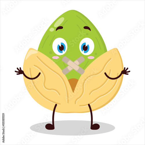 cute shut up expression of pistachio mouth closed with plaster cartoon character