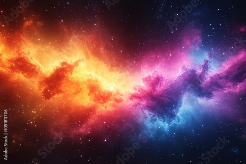 A vibrant nebula with swirling colors of orange, pink, and blue against a backdrop of dark space and twinkling stars.