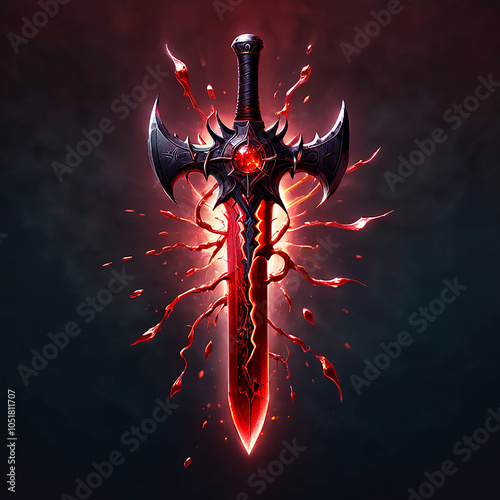 A dark fantasy sword with a crimson blade, adorned with a red gem, is depicted against a dark background. Bloodlike substance erupts from the sword, creating an ominous and dramatic scene. photo