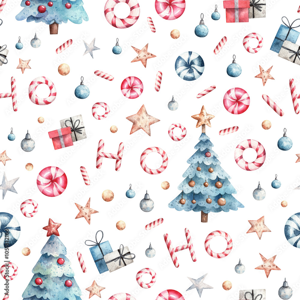 Square seamless pattern with decorated Christmas tree, xmas star, sweet lollipop candy. Cute festive design for xmas wrapping paper and fabric design