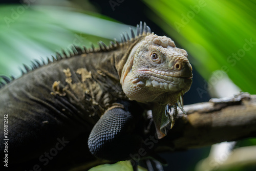 Close up portrait of a lesser Antillean iguana (igauana delicatissima). Close up of the head of a West Indian or Lesser Antillean Iguana (Iguana delicatissima), seen in profile. 