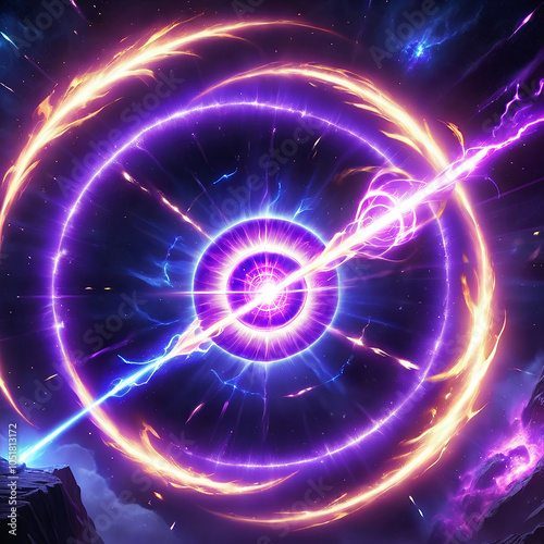 A vibrant cosmic scene with a central purple energy burst surrounded by two glowing rings, one yellow and one purple. The rings are intersected by a beam of electric blue energy, creating a dynamic an