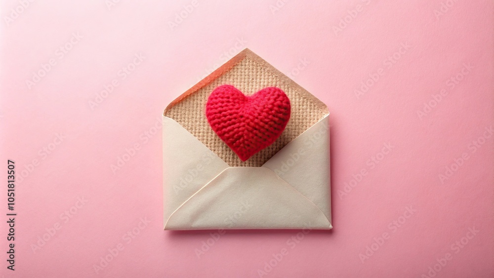 Macro envelope with knitted and paper red heart on pink background Macro envelope with knitted and paper red heart on pink background