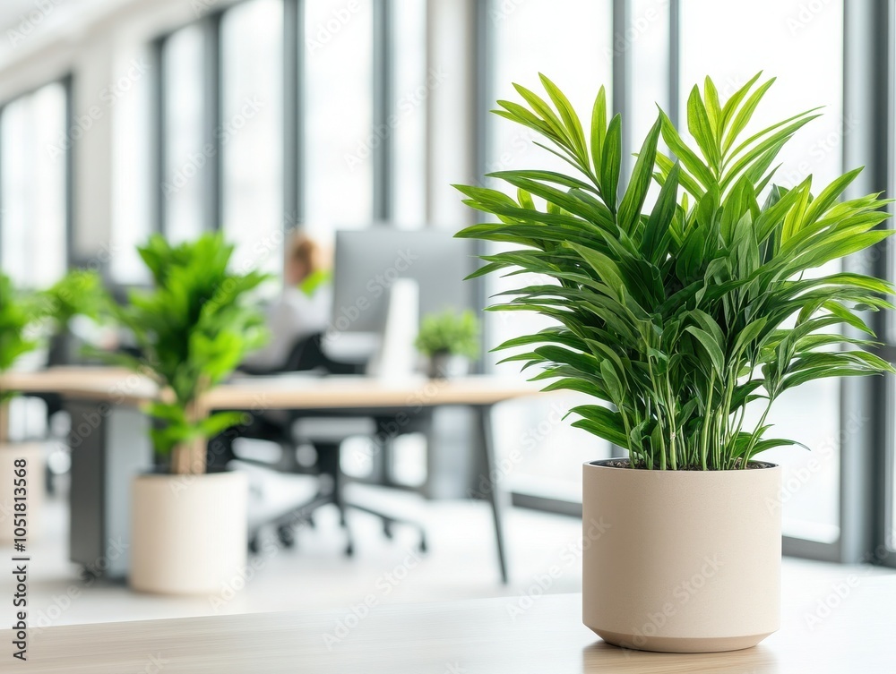 A lush green plant in a modern office space, enhancing aesthetics and air quality while promoting a calming environment. A lush green plant in a modern office space, enhancing aesthetics and air quality while promoting a calming environment.
