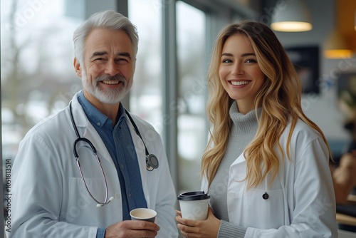 A cheerful doctor holding a cup of coffee, chatting with a colleague while standing beside a large window in a modern medical office 