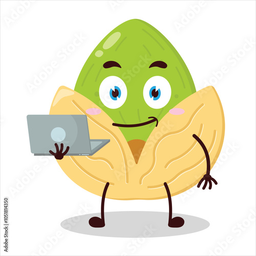 cute success business expression of pistachio carry laptops cartoon character