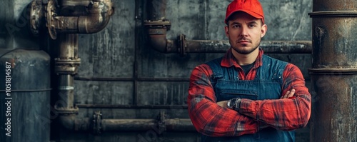 Wallpaper Mural Confident worker in uniform standing against industrial background. Torontodigital.ca
