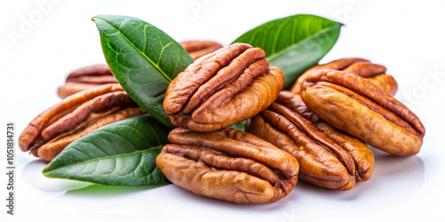 Close-up of pecans with leaves, isolated on a transparent background, showcasing the rich texture and natural colors of the nuts. photo