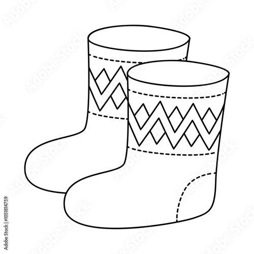 Wool felt boots doodle style. Warm winter shoes, old traditional Hand drawn black and white isolated. Vector illustration