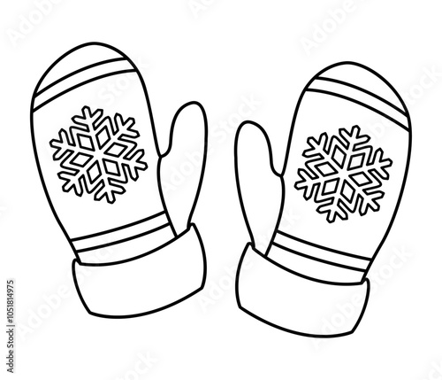 Cute warm mittens with snowflake. Doodle style winter accessories Hand drawn black and white isolated. Vector illustration