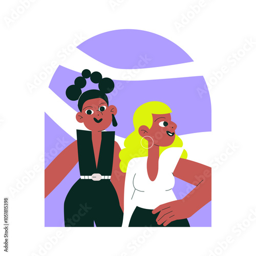 Glamorous women in flat vector illustration symbolizing friendship, fashion, and diversity