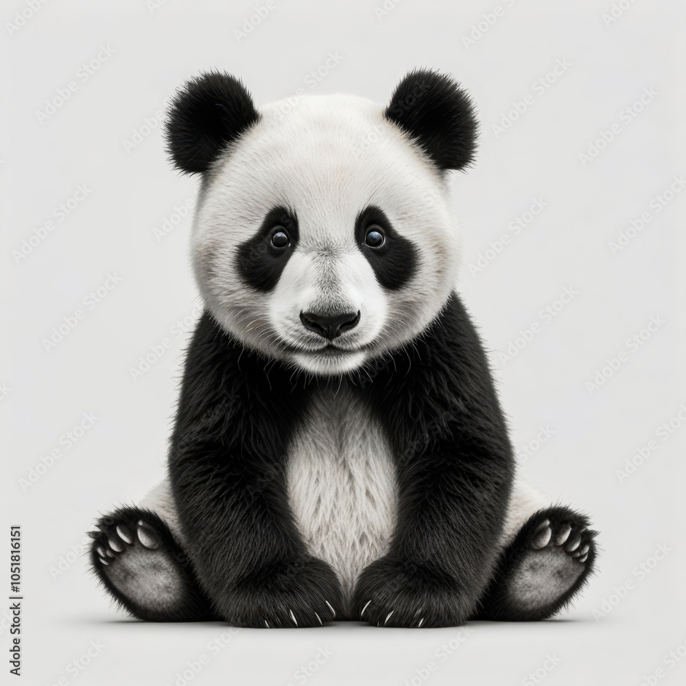 A 3D illustration of a panda sitting on the floor, isolated against a white background, highlighting its distinctive black and white fur and endearing expression A 3D illustration of a panda sitting on the floor, isolated against a white background, highlighting its distinctive black and white fur and endearing expression