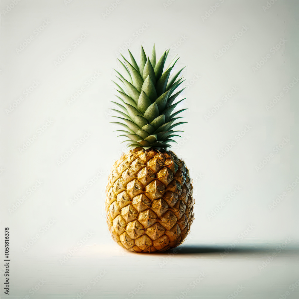 A minimal flat lay of a pineapple isolated on a white background, highlighting its vibrant yellow color and green crown A minimal flat lay of a pineapple isolated on a white background, highlighting its vibrant yellow color and green crown