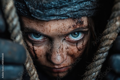 An intense, muddy gaze from a rugged individual, encircled by two ropes, suggests themes of endurance and resilience in a gritty, dramatic setting. photo